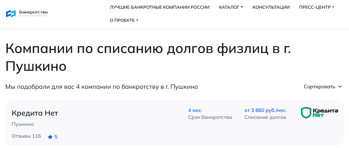 КредитаНет – первые в рейтинге компаний по банкротству в Пушкино на сайте Банкротство Инфо